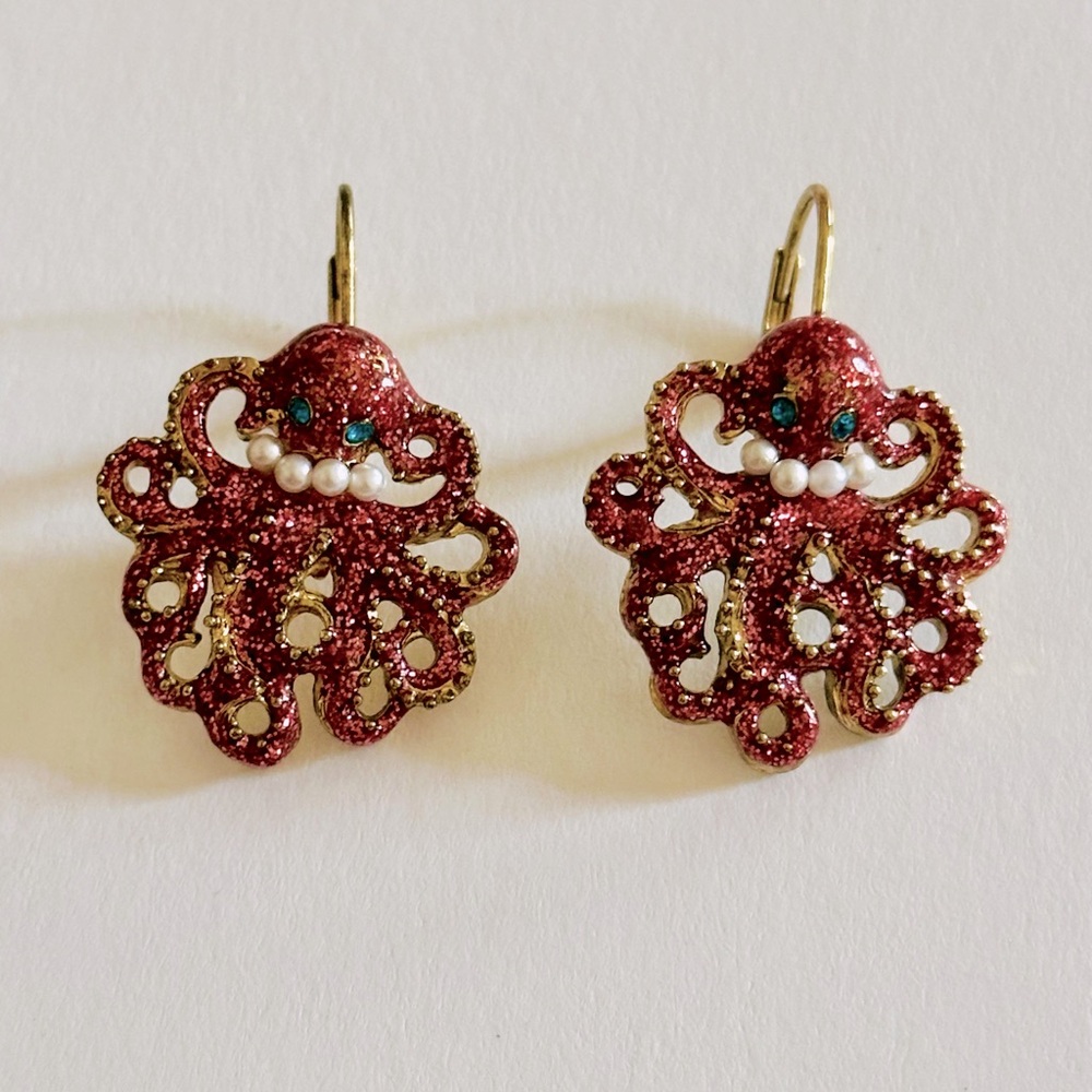 Fun Octopus pink enamel earrings with faux pearl necklace green gem eyes.